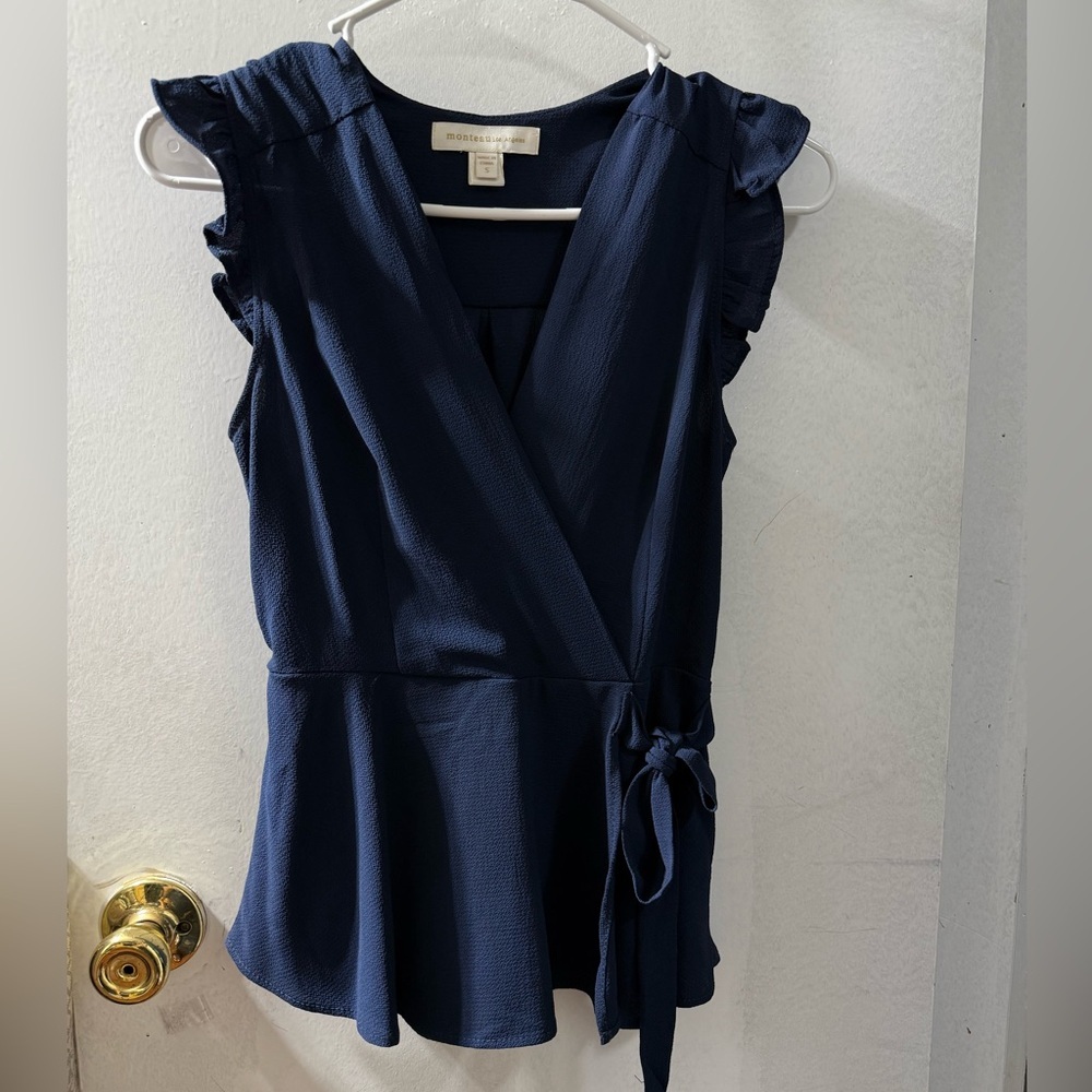 Monteau Navy Blue Wrap Peplum Blouse